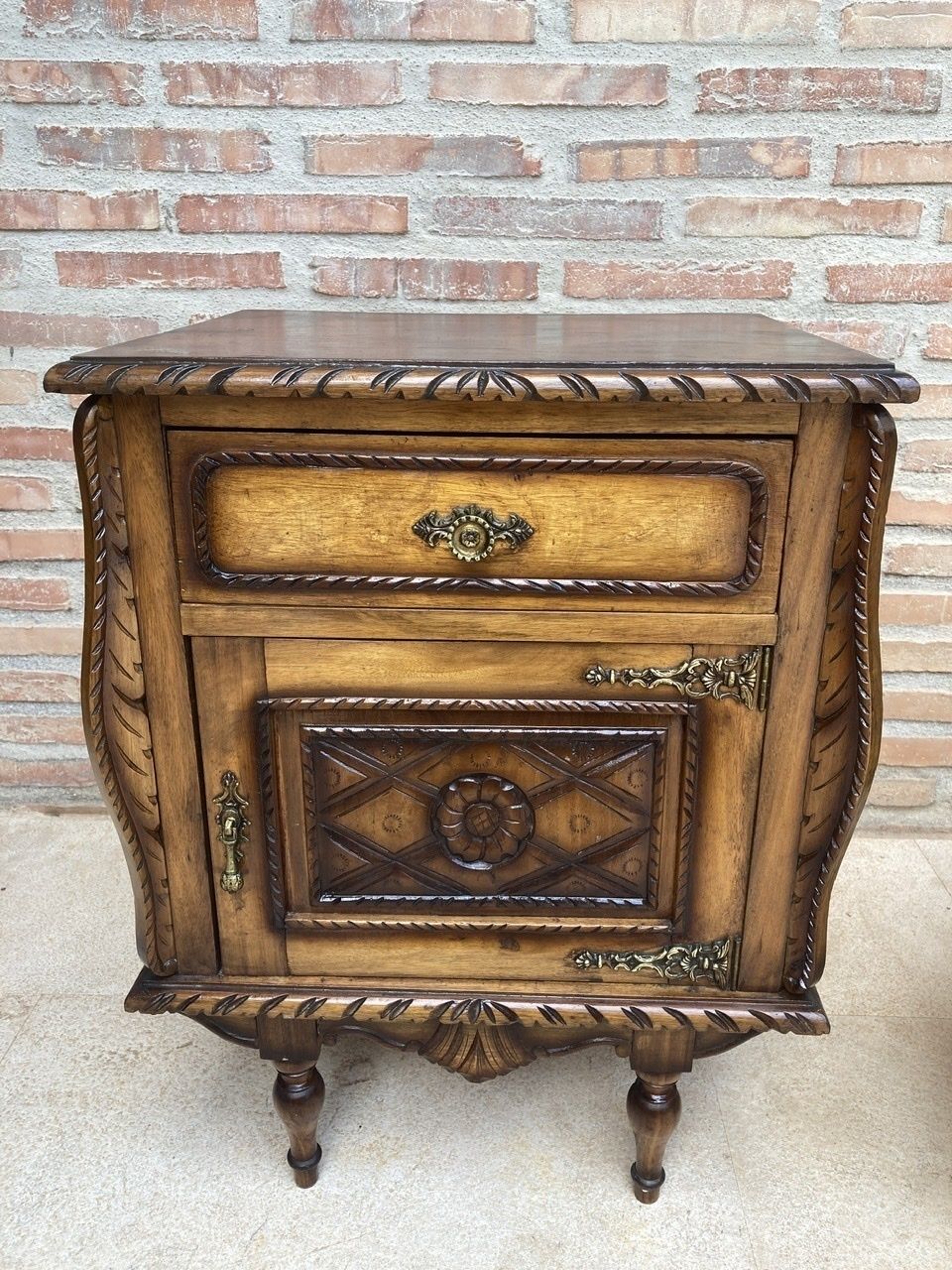 photo furniture Pair Of Early Century Carved Oak Nightstand, 1940s