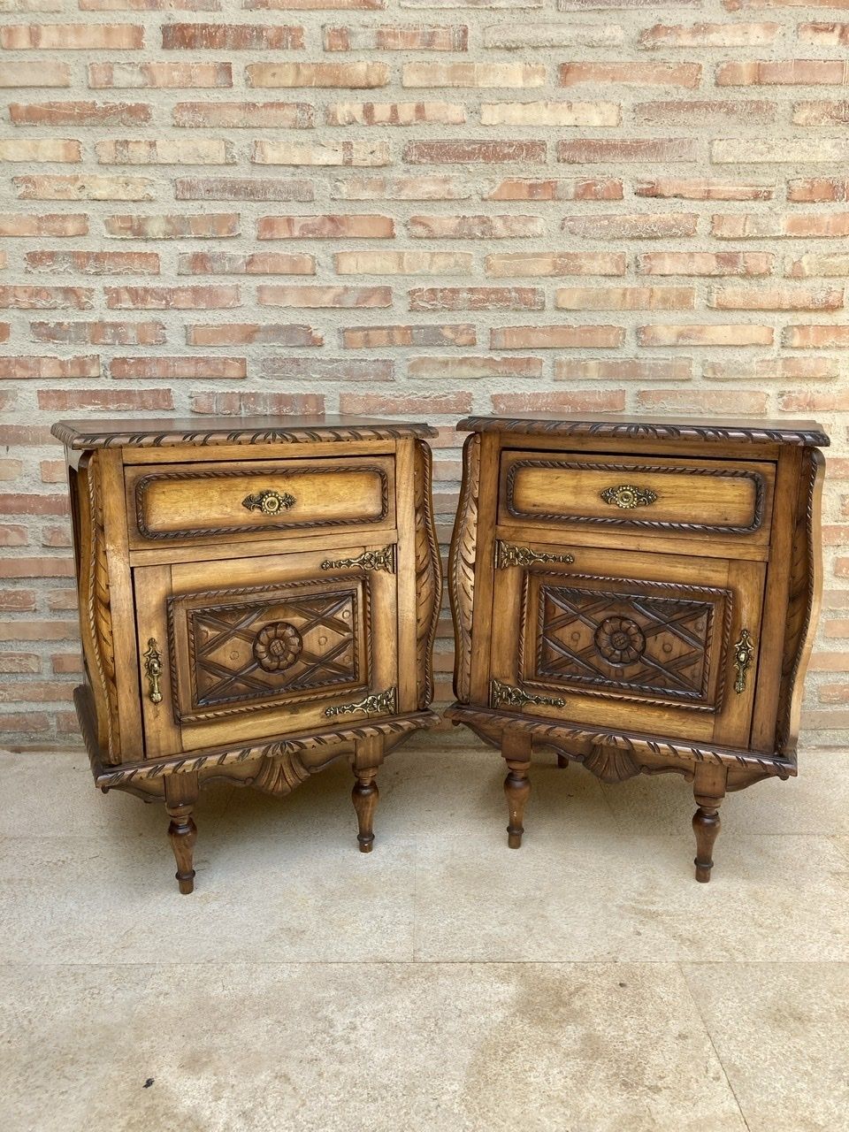 photo for sale Pair Of Early Century Carved Oak Nightstand, 1940s