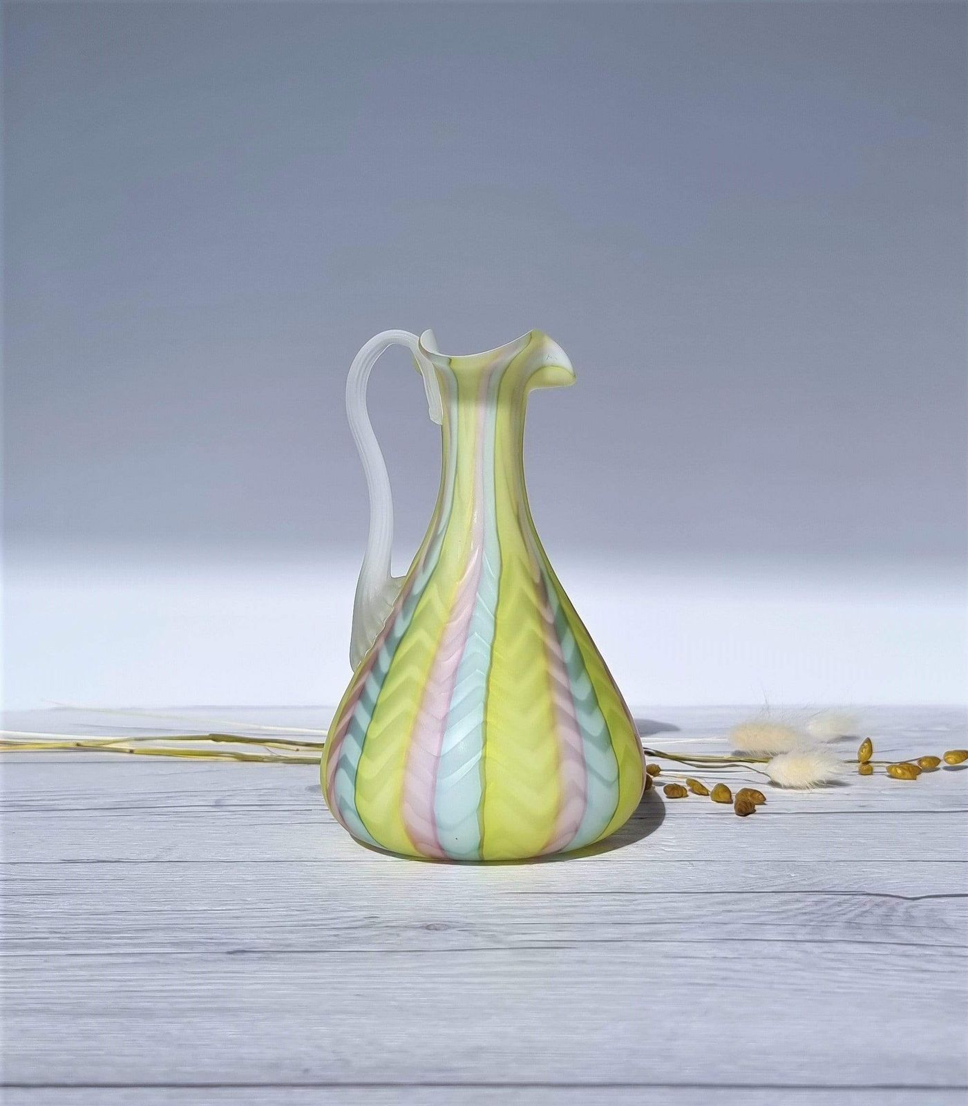 Murano Mother Of Pearl Satin In Pastel Rainbow, Herringbone Pattern Jug Vase, 1960 70s, Rare