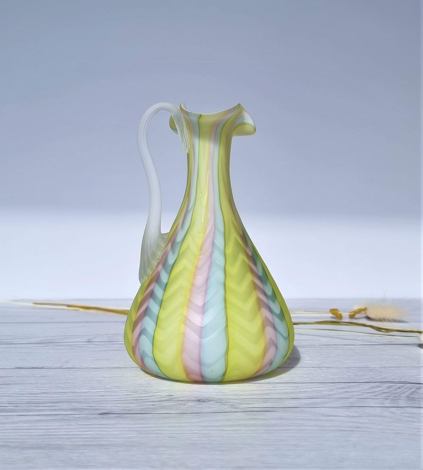 Murano Mother Of Pearl Satin In Pastel Rainbow, Herringbone Pattern Jug Vase, 1960 70s, Rare photo furniture