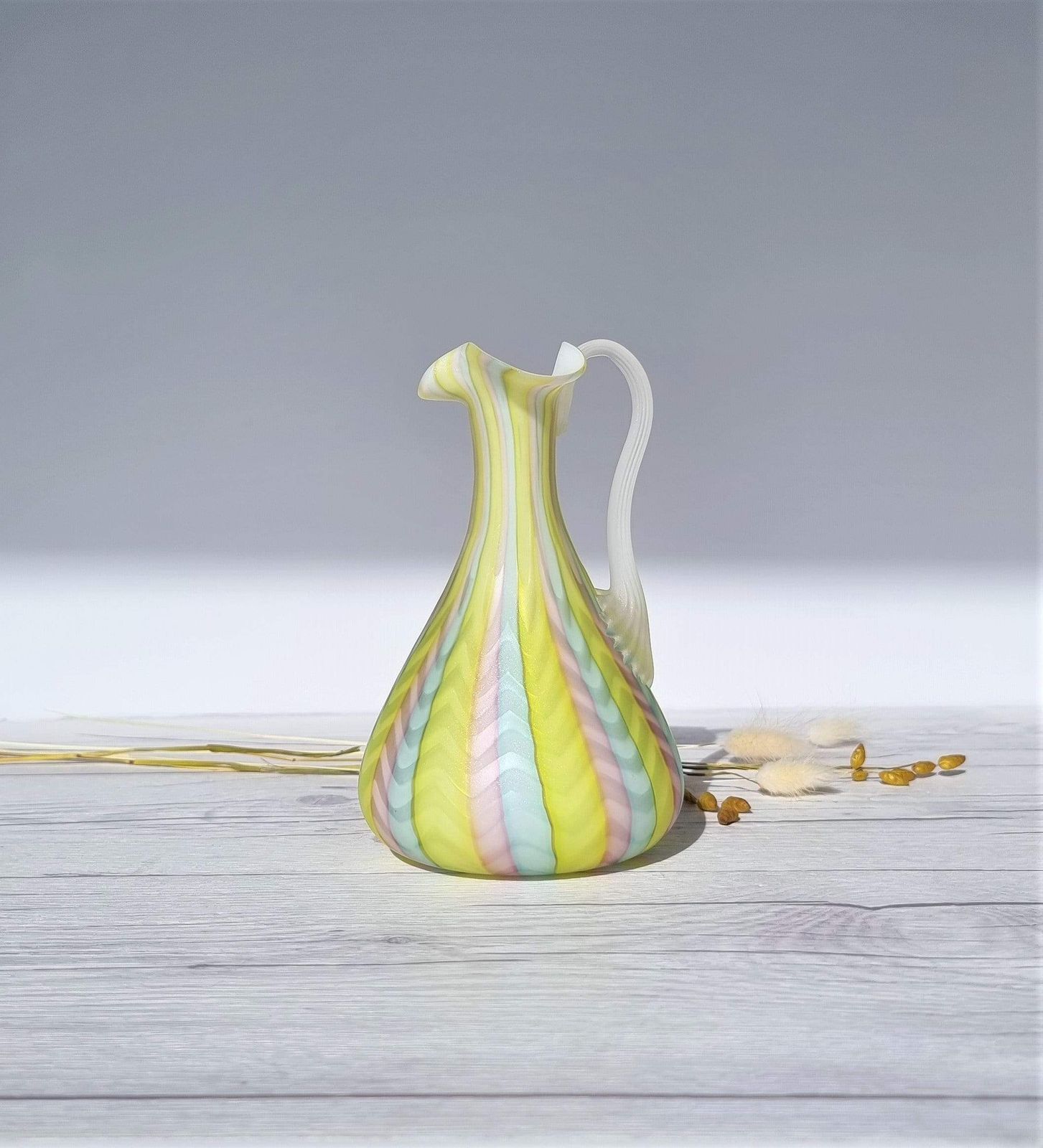 Murano Mother Of Pearl Satin In Pastel Rainbow, Herringbone Pattern Jug Vase, 1960 70s, Rare photo buy