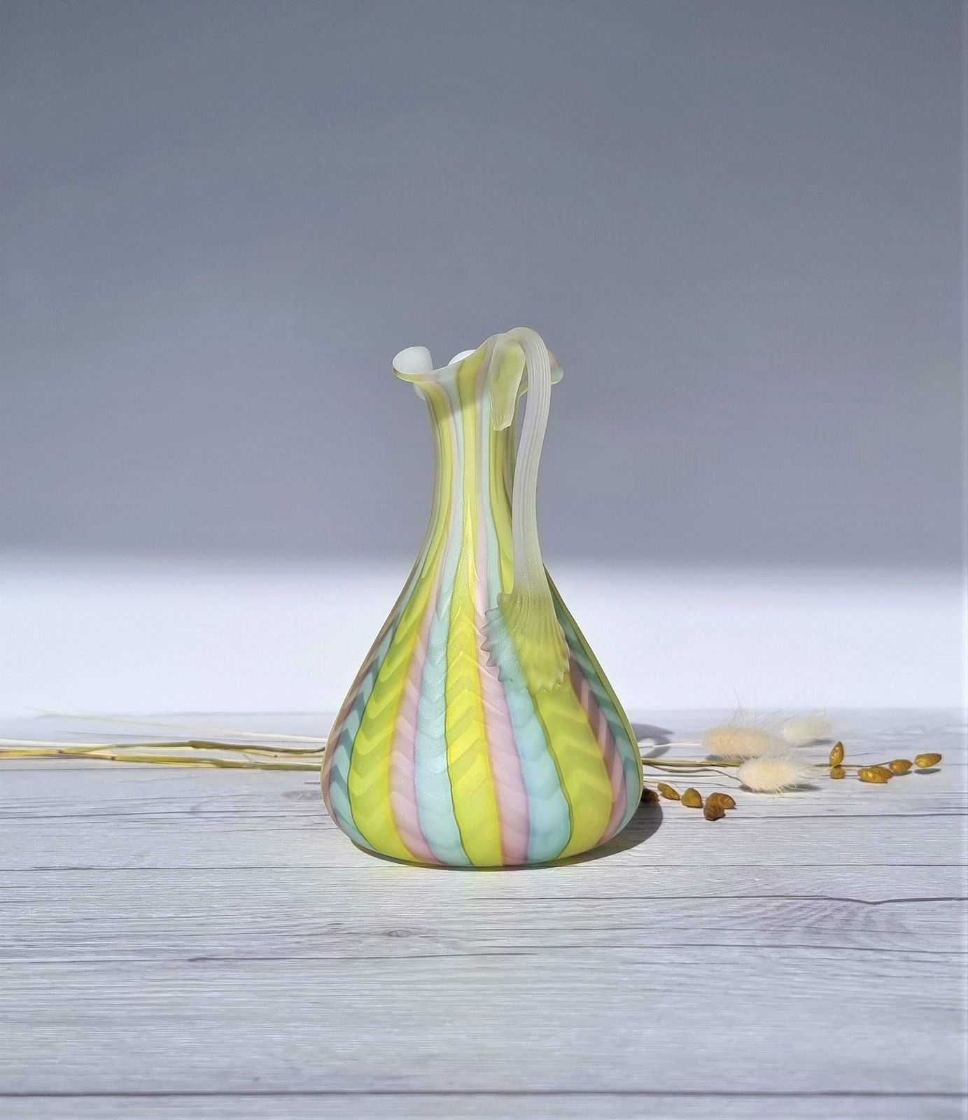 Murano Mother Of Pearl Satin In Pastel Rainbow, Herringbone Pattern Jug Vase, 1960 70s, Rare photo vintage