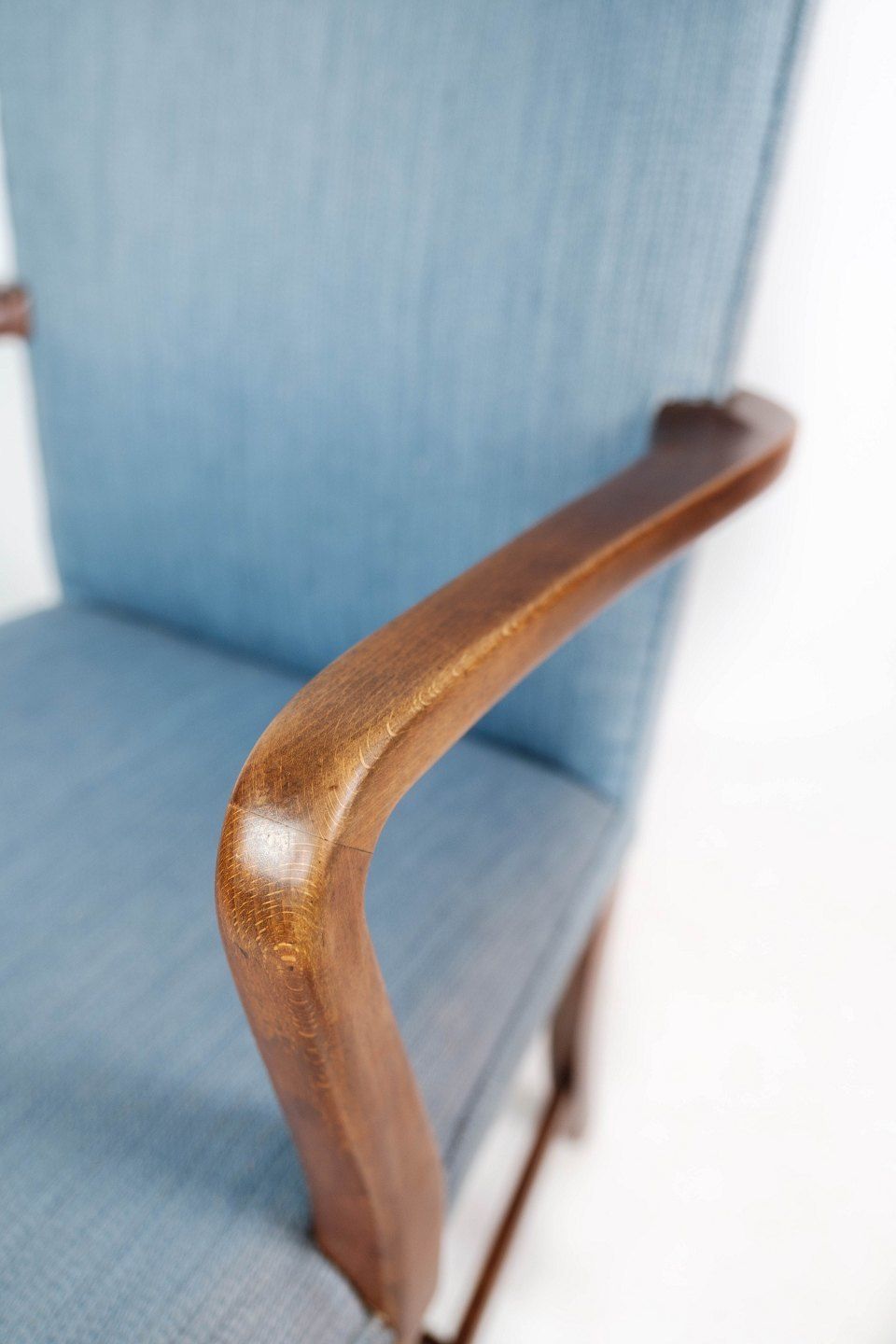 Mahogany Armchair Upholstered In Light Blue Fabric Made By Fritz Hansen. photo vinterior