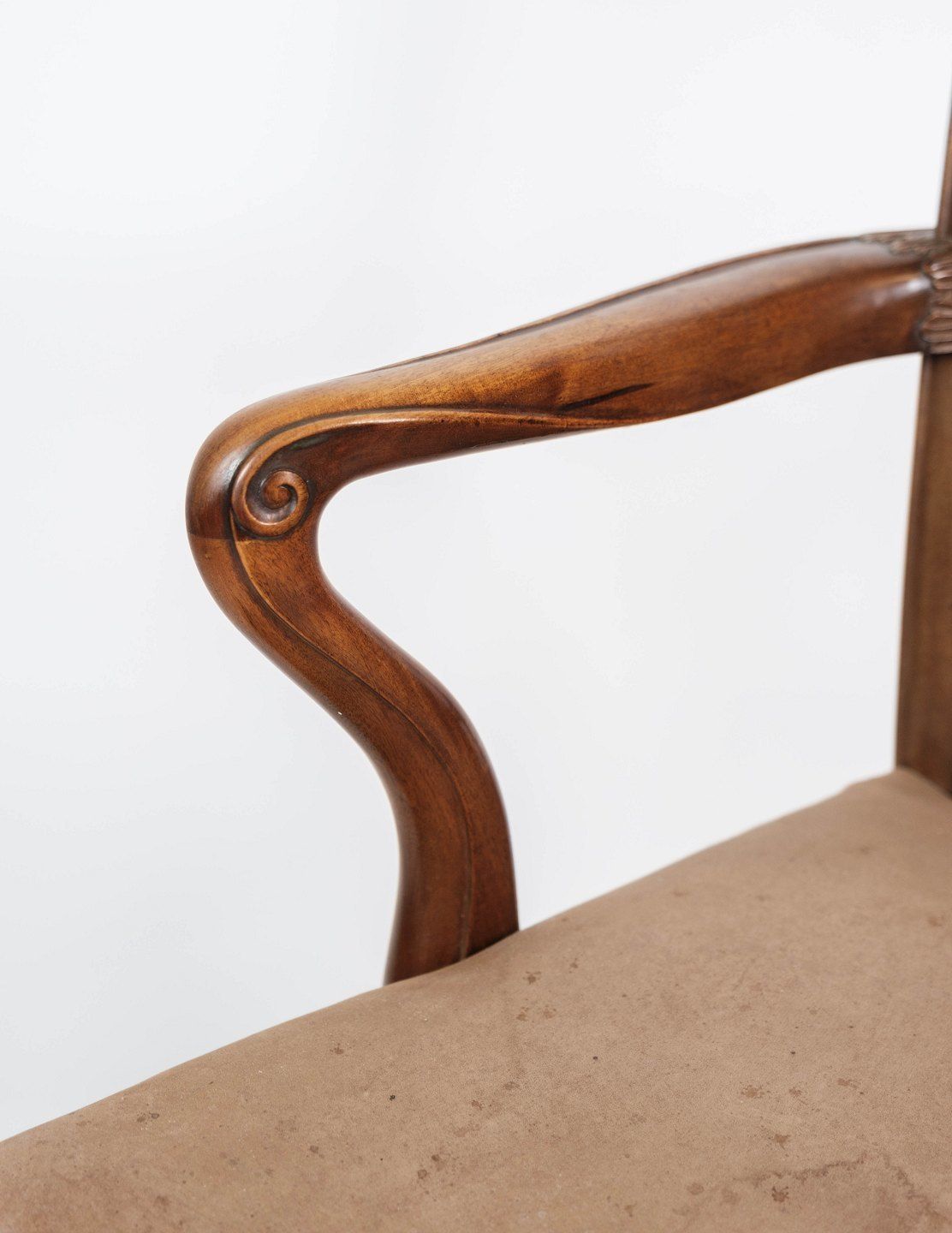 Antique Armchair Made Of Mahogany And Upholstered With Light Fabric From 1880s. photo vinterior