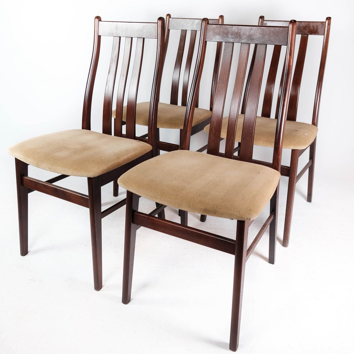 Set Of Four Dining Chairs In Mahogany And Upholstered With Light Fabric, Of Danish Design Made By Farstrup Møbler In The 1960s photo furniture