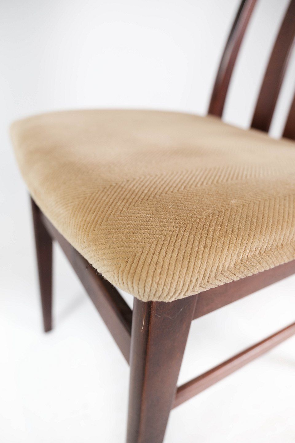 Set Of Four Dining Chairs In Mahogany And Upholstered With Light Fabric, Of Danish Design Made By Farstrup Møbler In The 1960s photo vintage