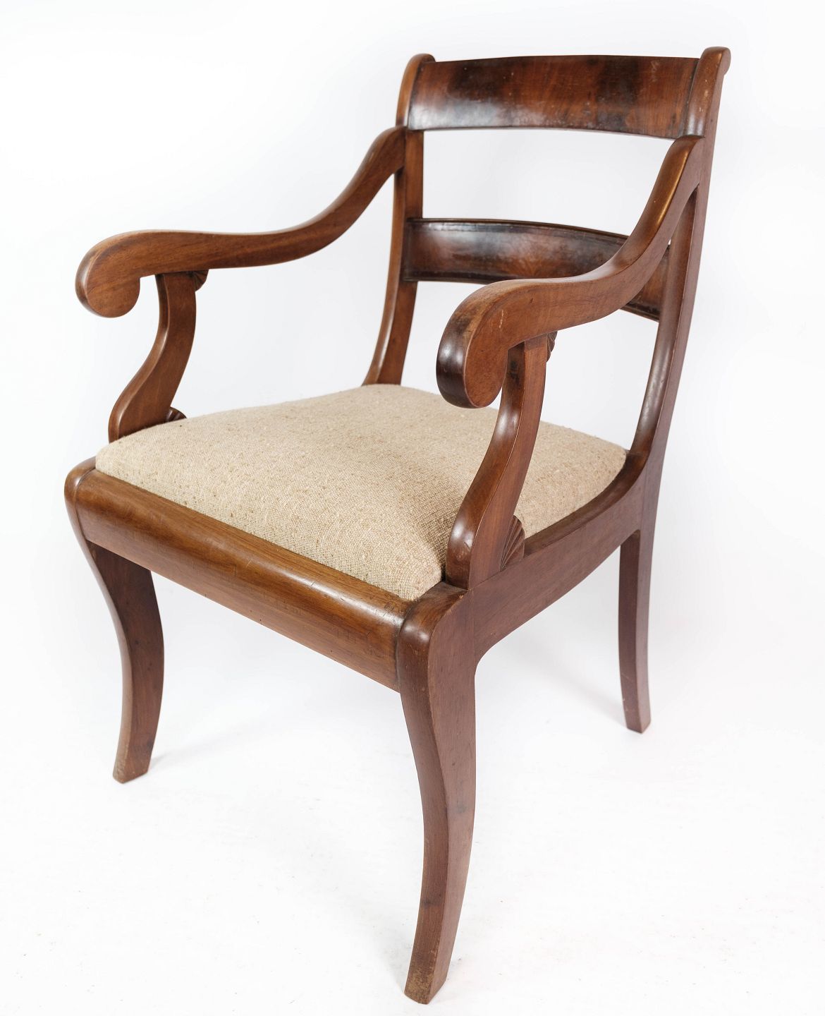 Late Empire Armchair Of Mahogany And Upholstered With Light Fabric From The 1860s.