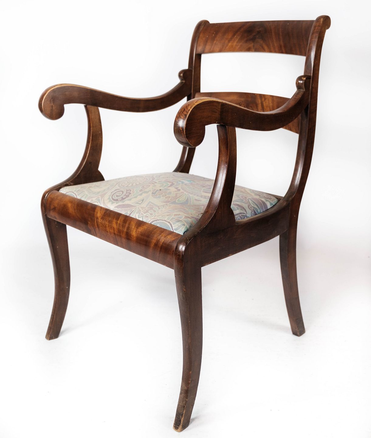 Late Empire Antique Armchair Of Mahogany And Upholstered With Light Fabric From The 1840s.