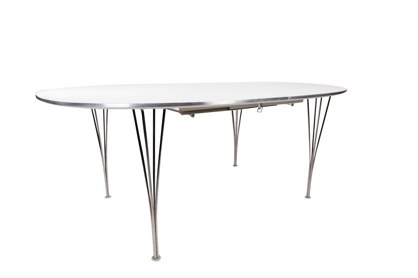 photo for sale Super Ellipse Dining Table With White Laminate Designed By Piet Hein And Arne Jacobsen, And Manufactured By Fritz Hansen In 1998.