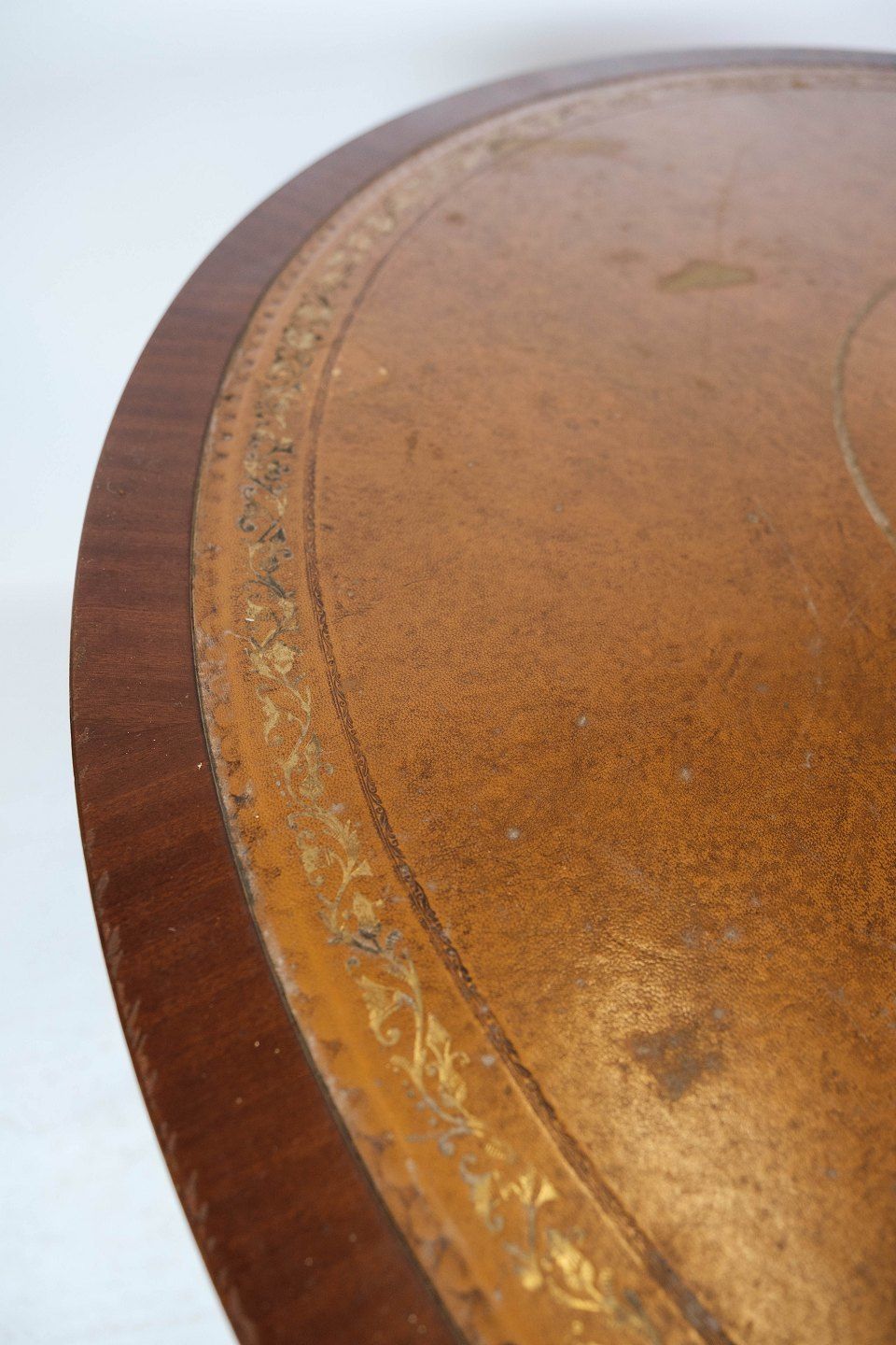 Furniture Antique Dining Table In Mahogany With Marquetry And Inlaid Leather From 1920s photo