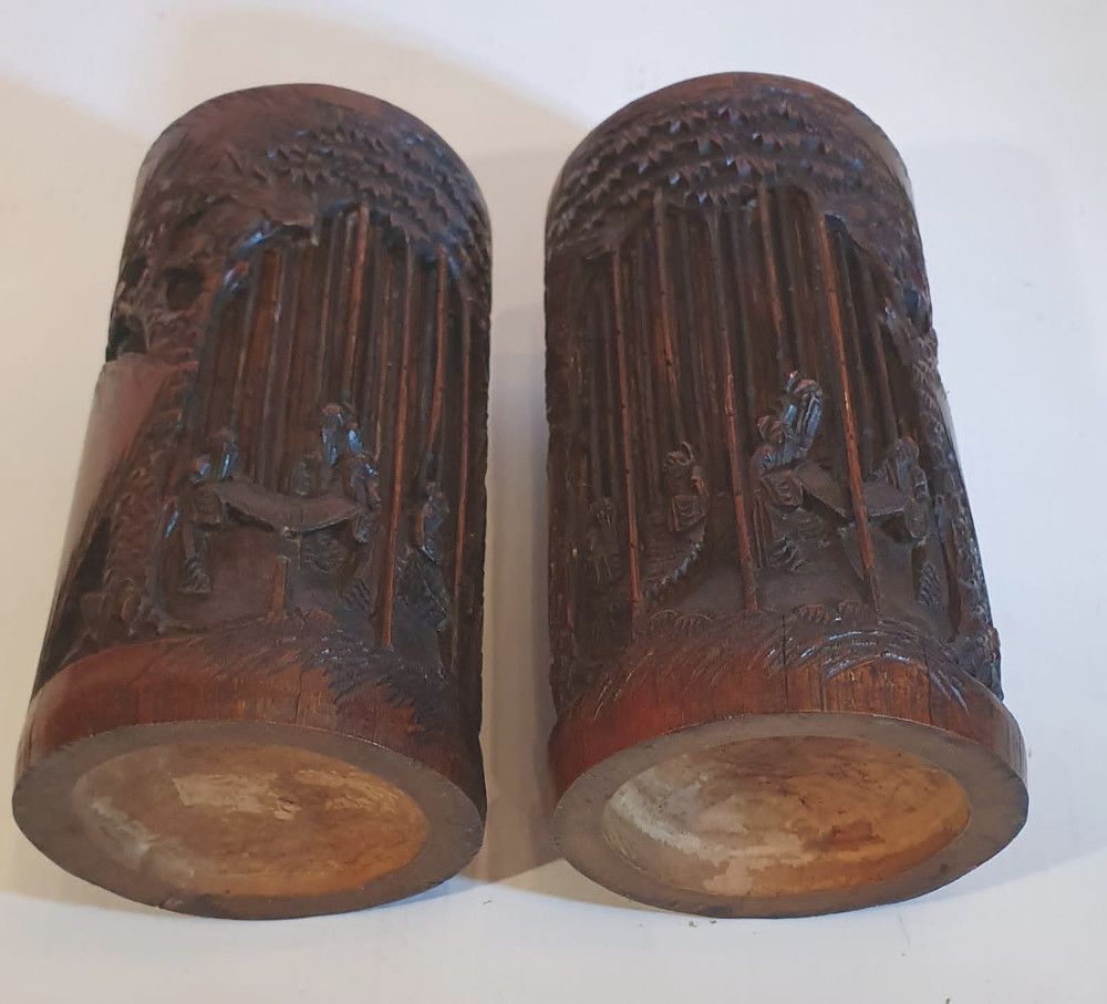 Lovely Pair Of 19th Century Chinese Carved Bamboo Brush Pots photo furniture