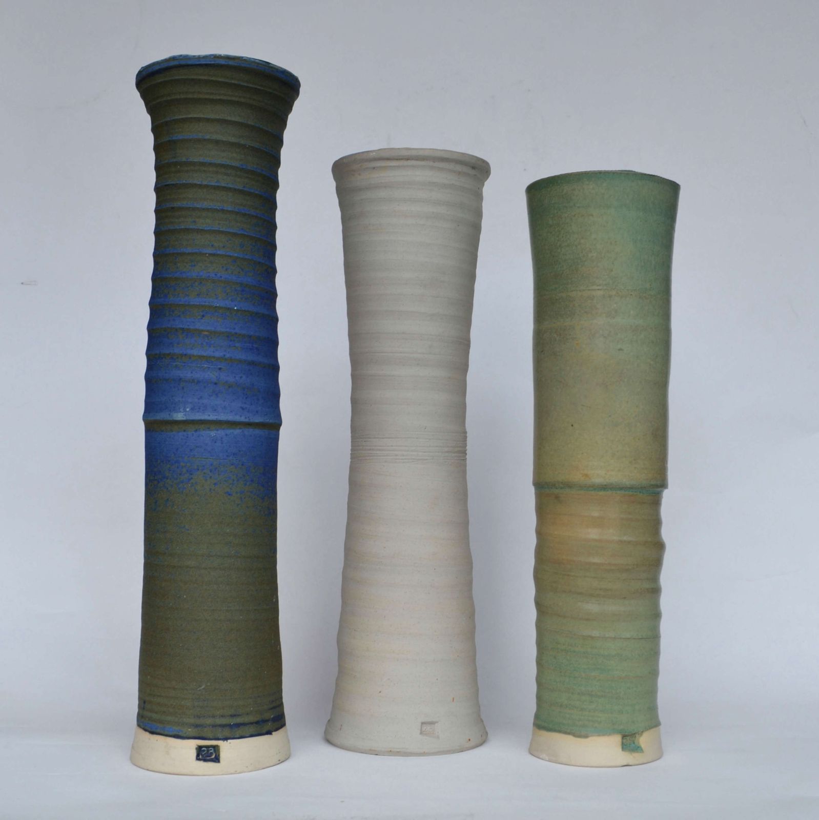 Three Large Studio Pottery Vessels In Blue, Green & Sand photo buy
