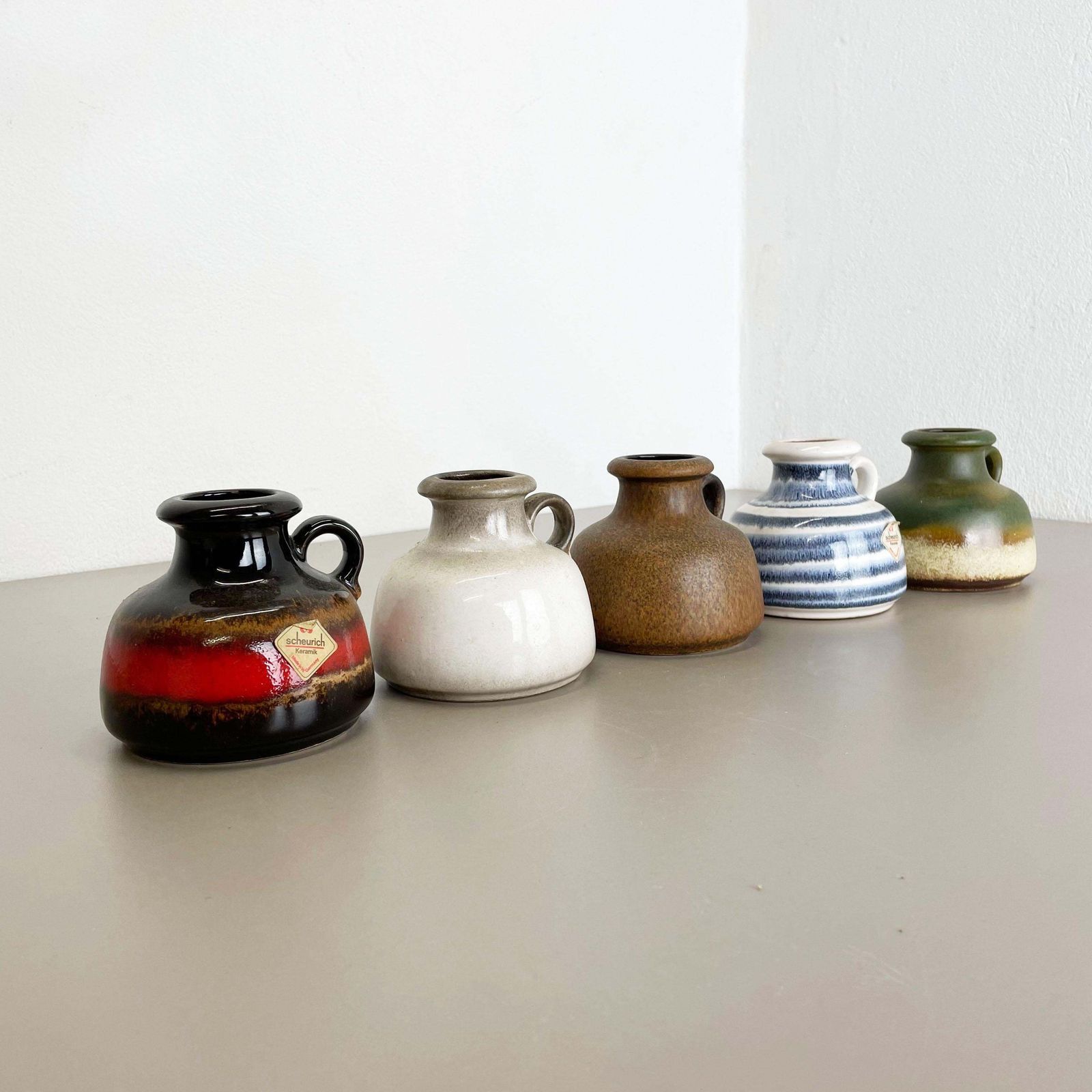 Set Of Five Vintage Pottery Fat Lava "493 10" Vases Made By Scheurich, Germany photo for sale