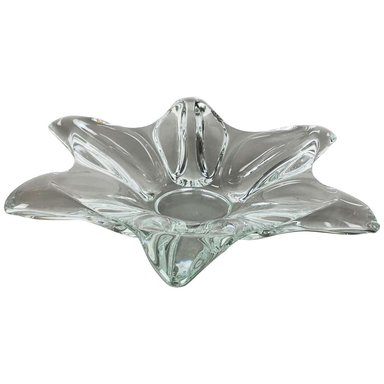 Large French Floral Crystal Glass Shell Bowl By Art Vannes, France, 1970s photo furniture