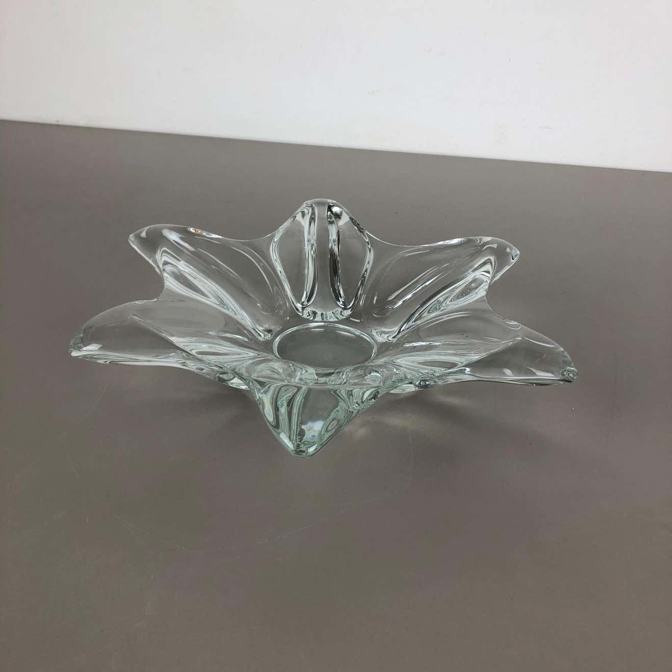Large French Floral Crystal Glass Shell Bowl By Art Vannes, France, 1970s