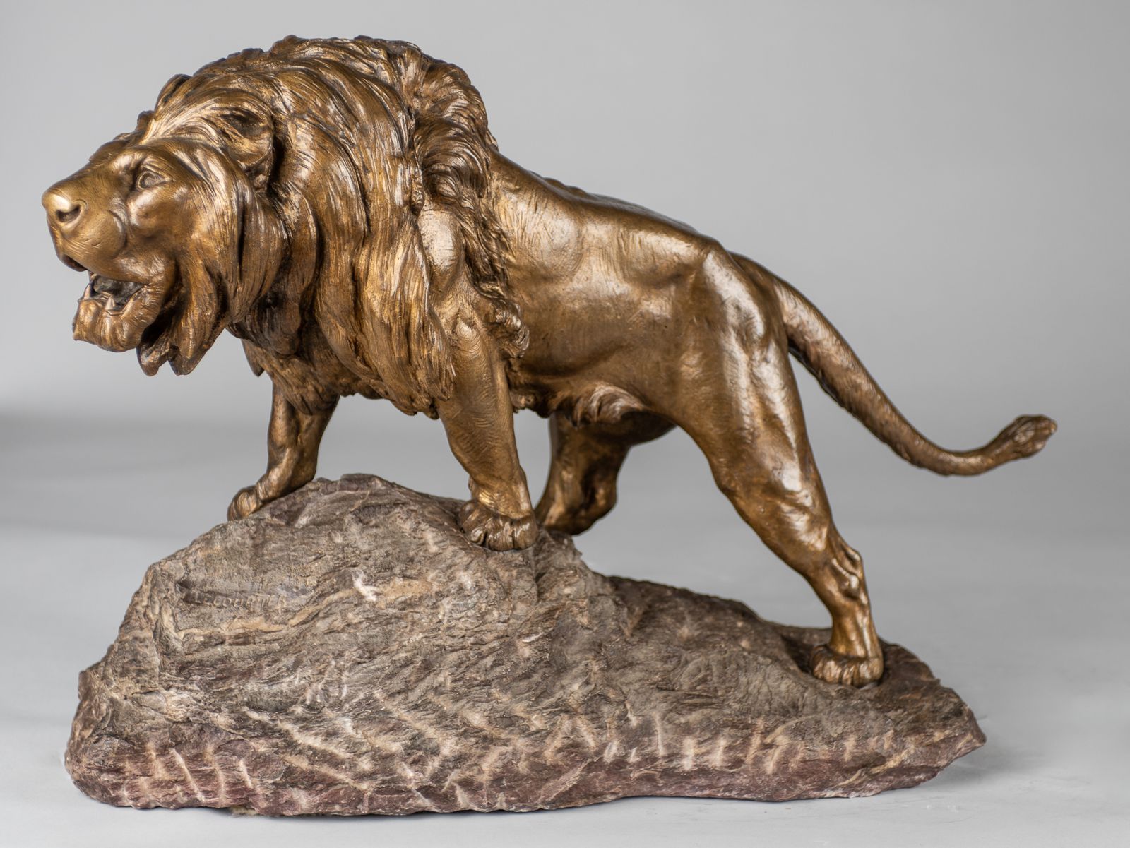 A Stunning French Large Bronze Sculpture Of A Roaring Lion Set On A Marble Base. Signed Le Courtier