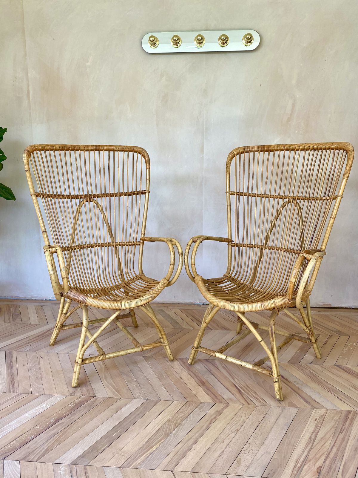 Pair Of Mid Century Wing Back Bamboo Occasional Chairs