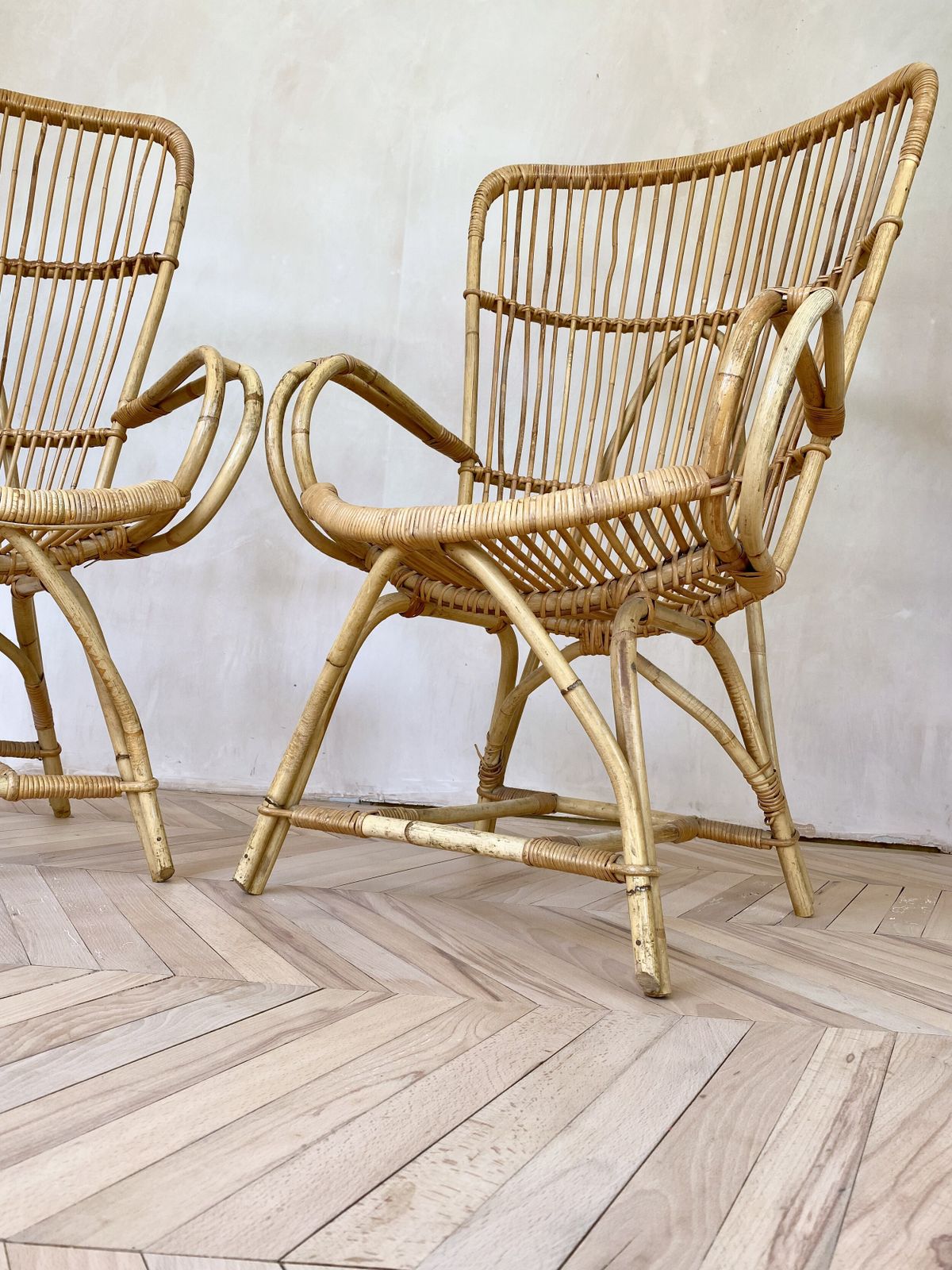 705.0 Pair Of Mid Century Wing Back Bamboo Occasional Chairs photo