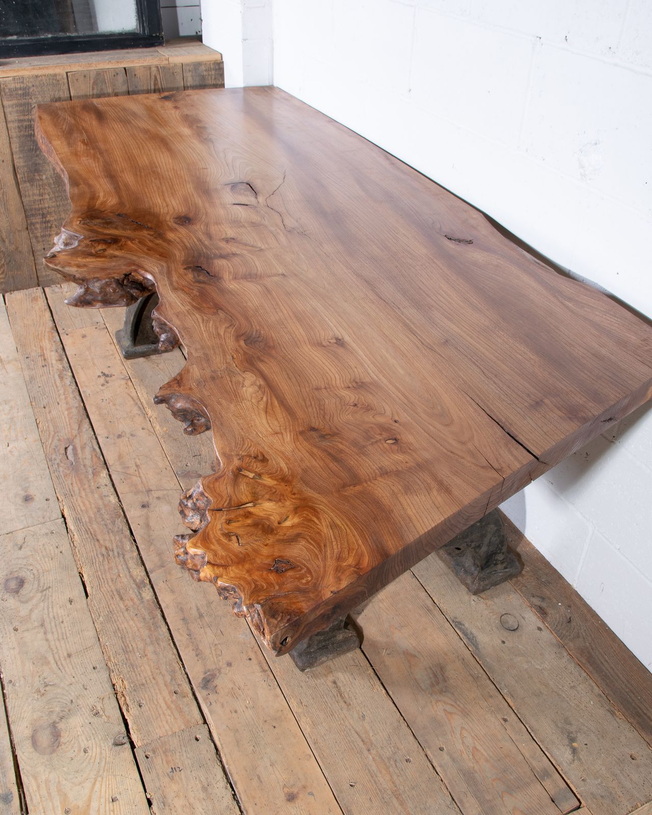 photo for sale Bespoke Desk Table With New Elm Top And Mid Century Cast Iron Industrial Legs