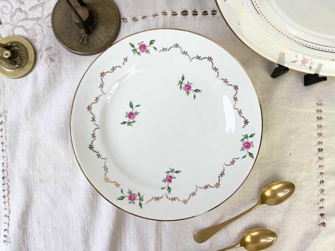 Porcelain Dessert Service L’amandinoise Made In France ~ White Porcelain Service With Small Flowers Pattern ~ Porcelain Cake Dish ~ Pie Dish photo furniture