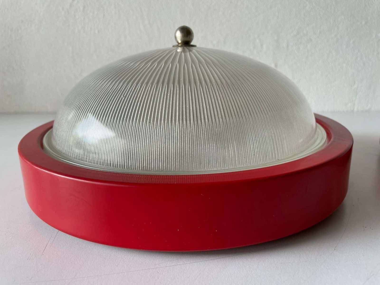 Glass And Red Metal Base Pair Of Sconces Or Ceiling Lamps By Reggiani, 1970s, Italy photo buy