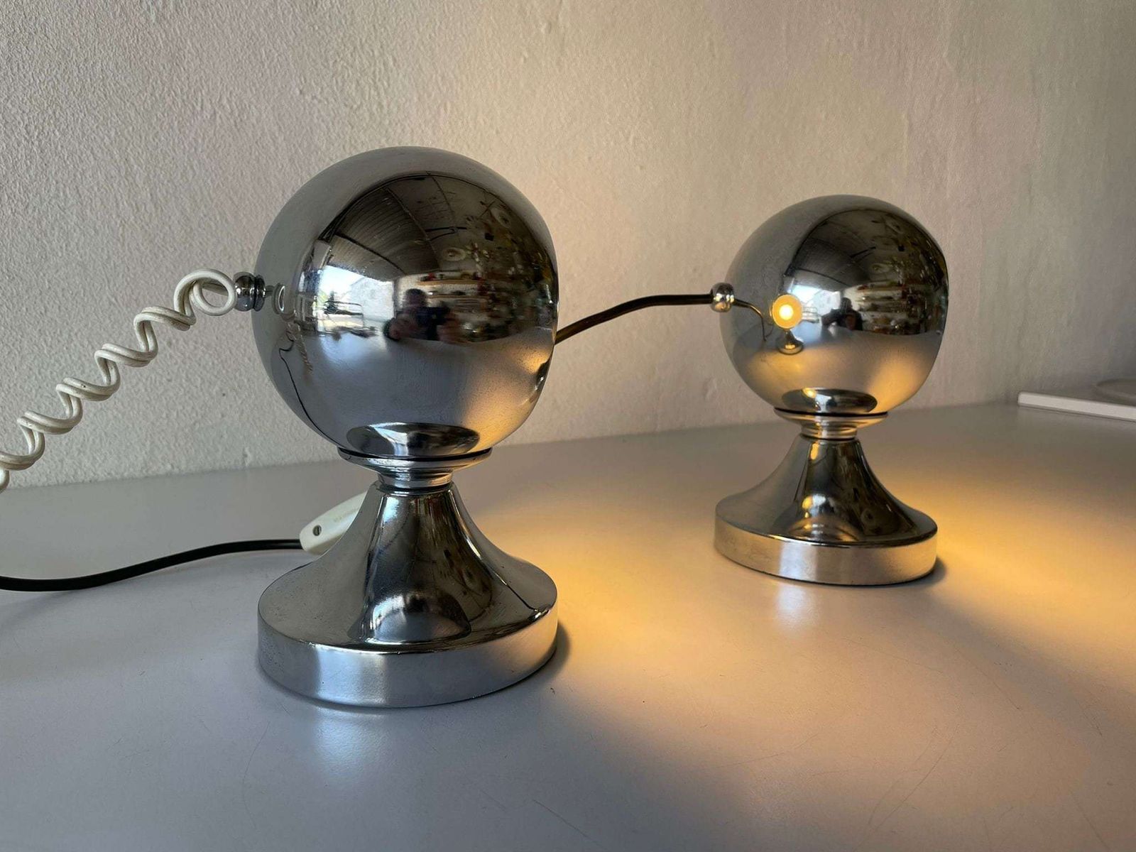 Italian Space Age Chrome Pair Of Table Lamps With Magnetic Shades, 1970s, Italy photo Lighting