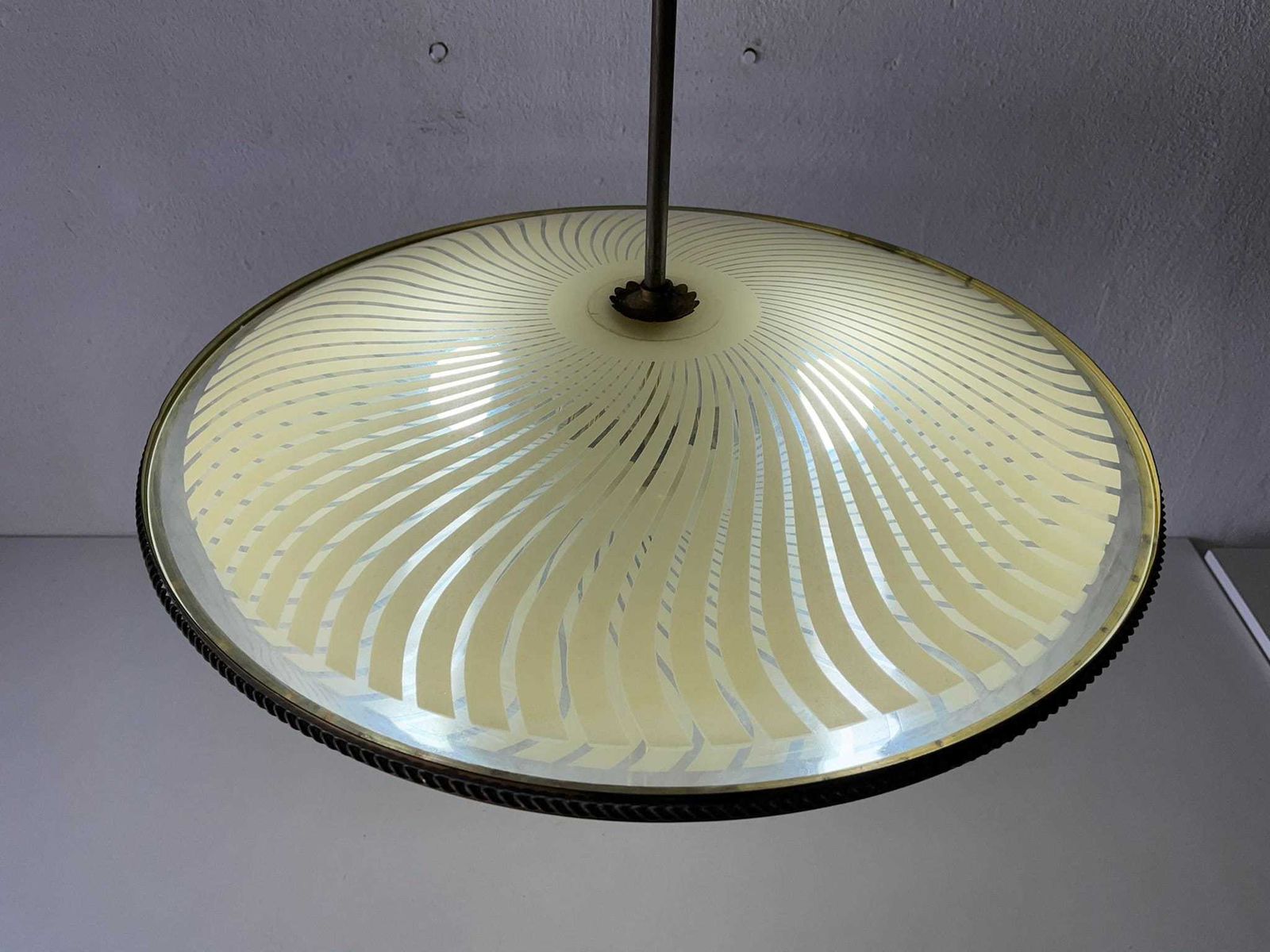 Wonderful Ufo Design Brass Body & Printed Glass Large Ceiling Lamp By Fontana Arte, 1950s, Italy photo for sale