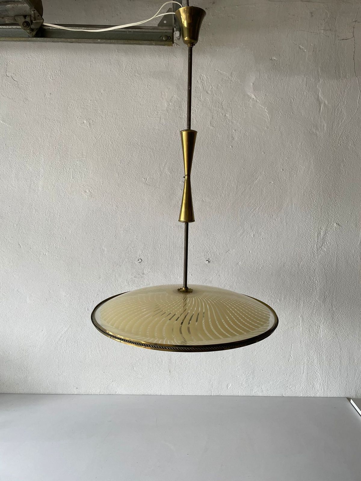 Wonderful Ufo Design Brass Body & Printed Glass Large Ceiling Lamp By Fontana Arte, 1950s, Italy photo vintage