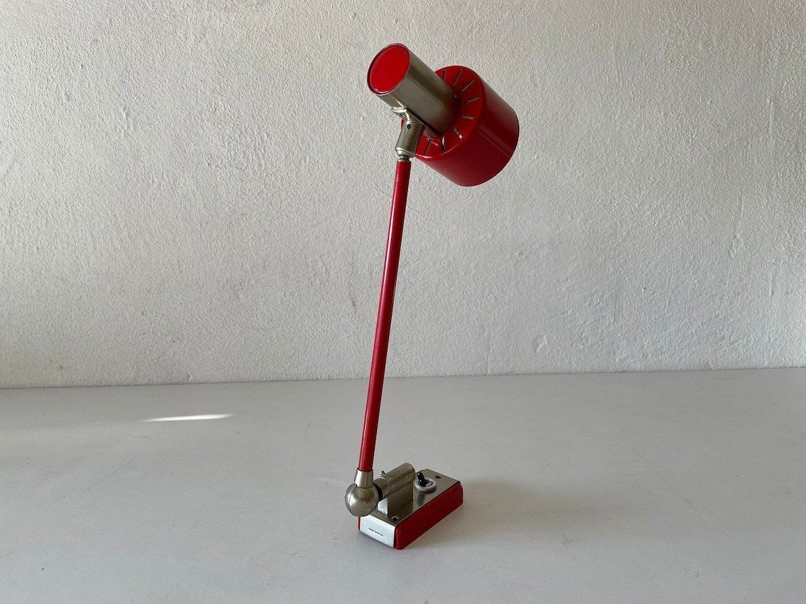 Excellent Rare Red Metalic Grey Wall Lamp   Adjustable Shade And Arm By Stilnovo, 1970s, Italy photo for sale