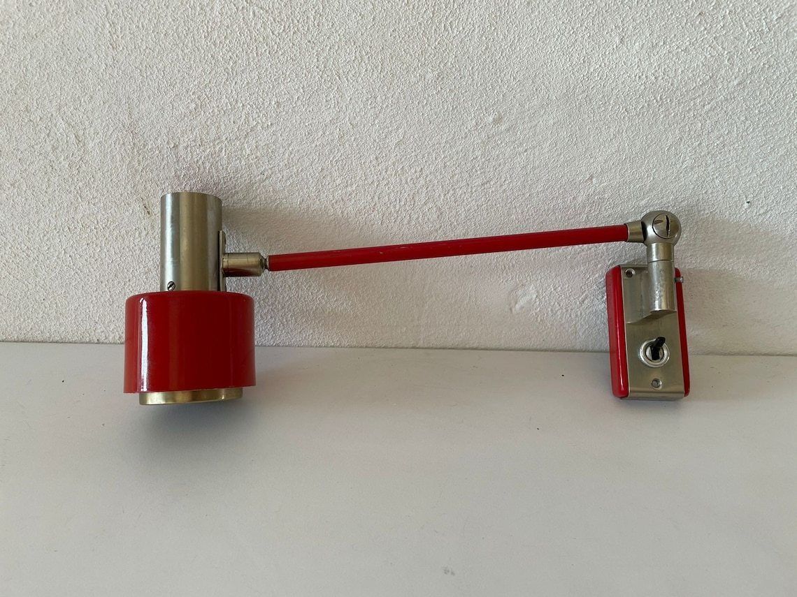 Excellent Rare Red Metalic Grey Wall Lamp   Adjustable Shade And Arm By Stilnovo, 1970s, Italy photo 1499.16