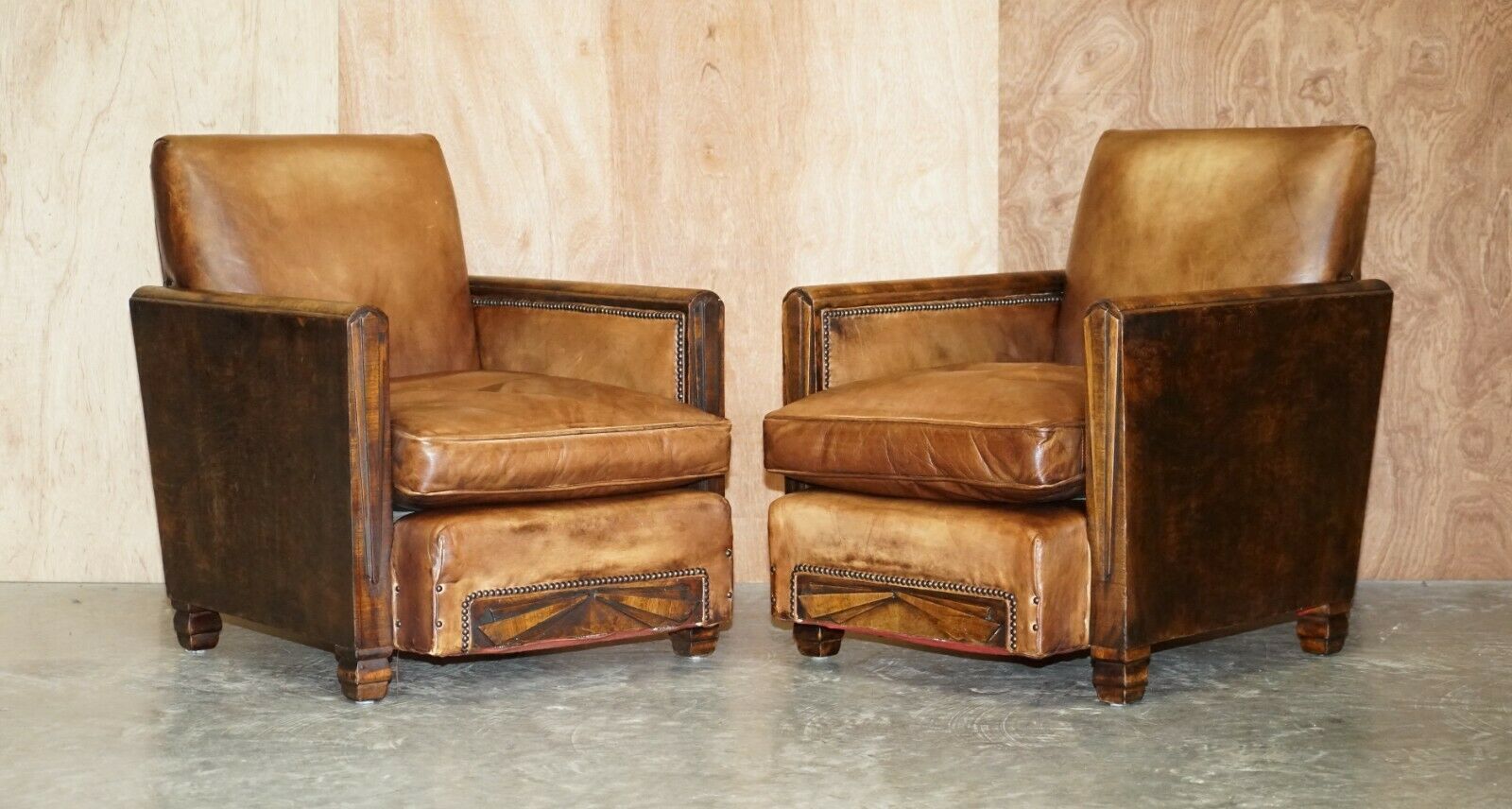 Antique Pair Of Metropolitan Art Deco 1920 Hand Dyed Brown Leather Armchairs