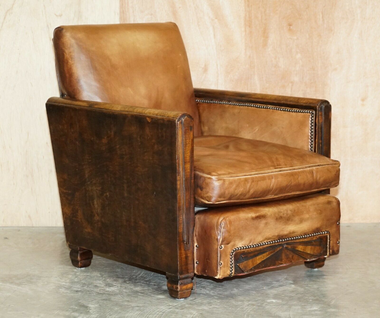 Antique Pair Of Metropolitan Art Deco 1920 Hand Dyed Brown Leather Armchairs photo furniture