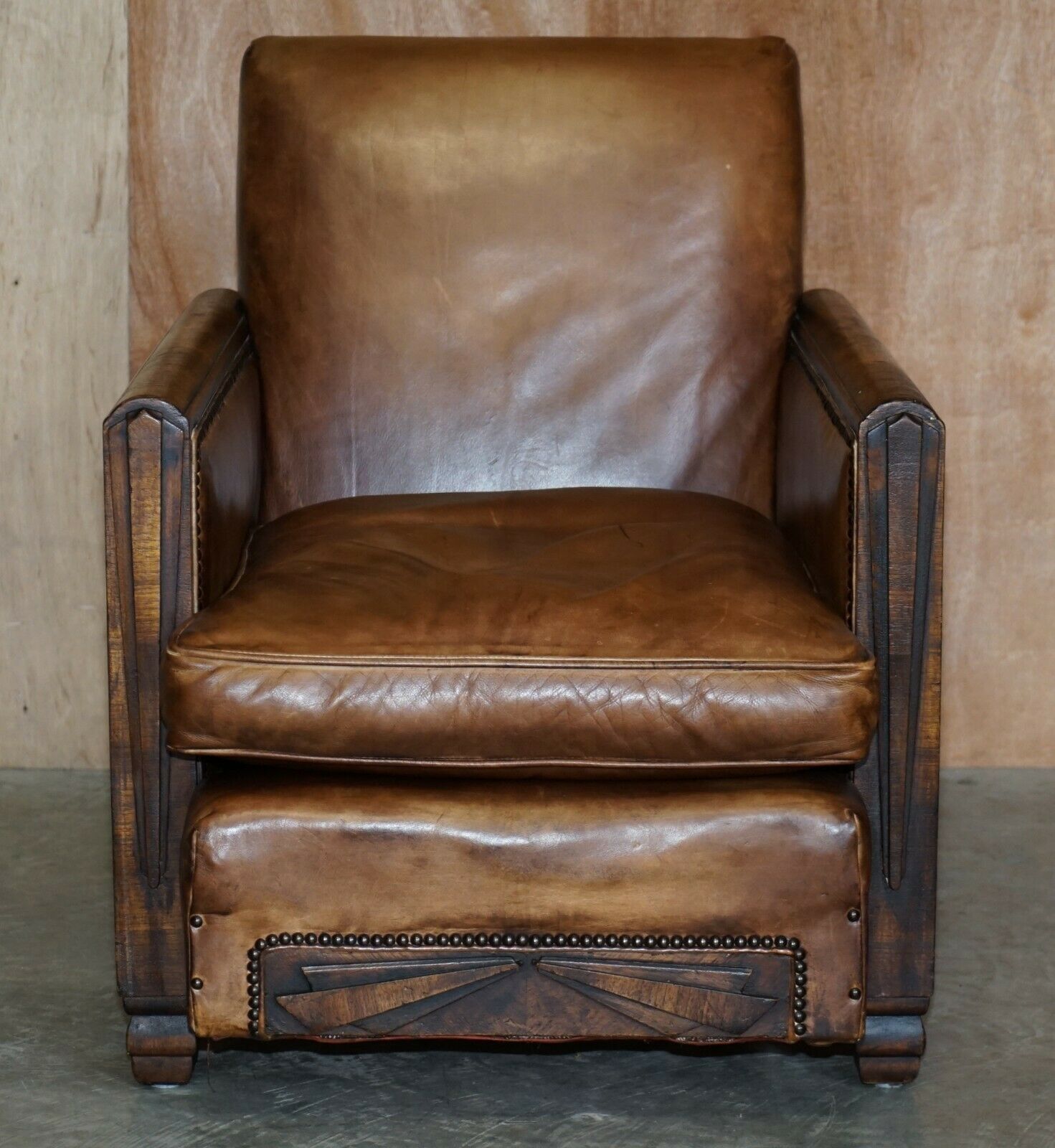 Antique Pair Of Metropolitan Art Deco 1920 Hand Dyed Brown Leather Armchairs photo for sale