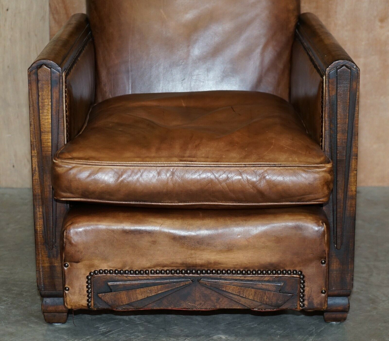 Antique Pair Of Metropolitan Art Deco 1920 Hand Dyed Brown Leather Armchairs photo buy