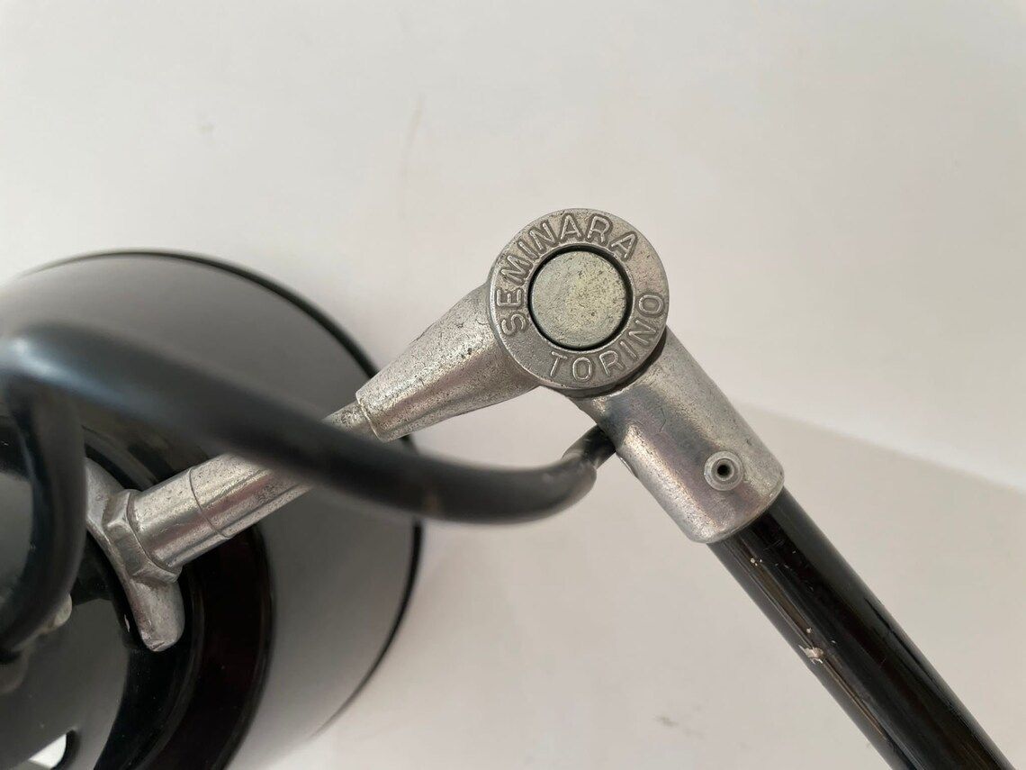 Italian Industrial Black Metal Office Wall Lamp With Adjustable Arm And Shade, Seminara Torino, 1930s, Italy photo vintage