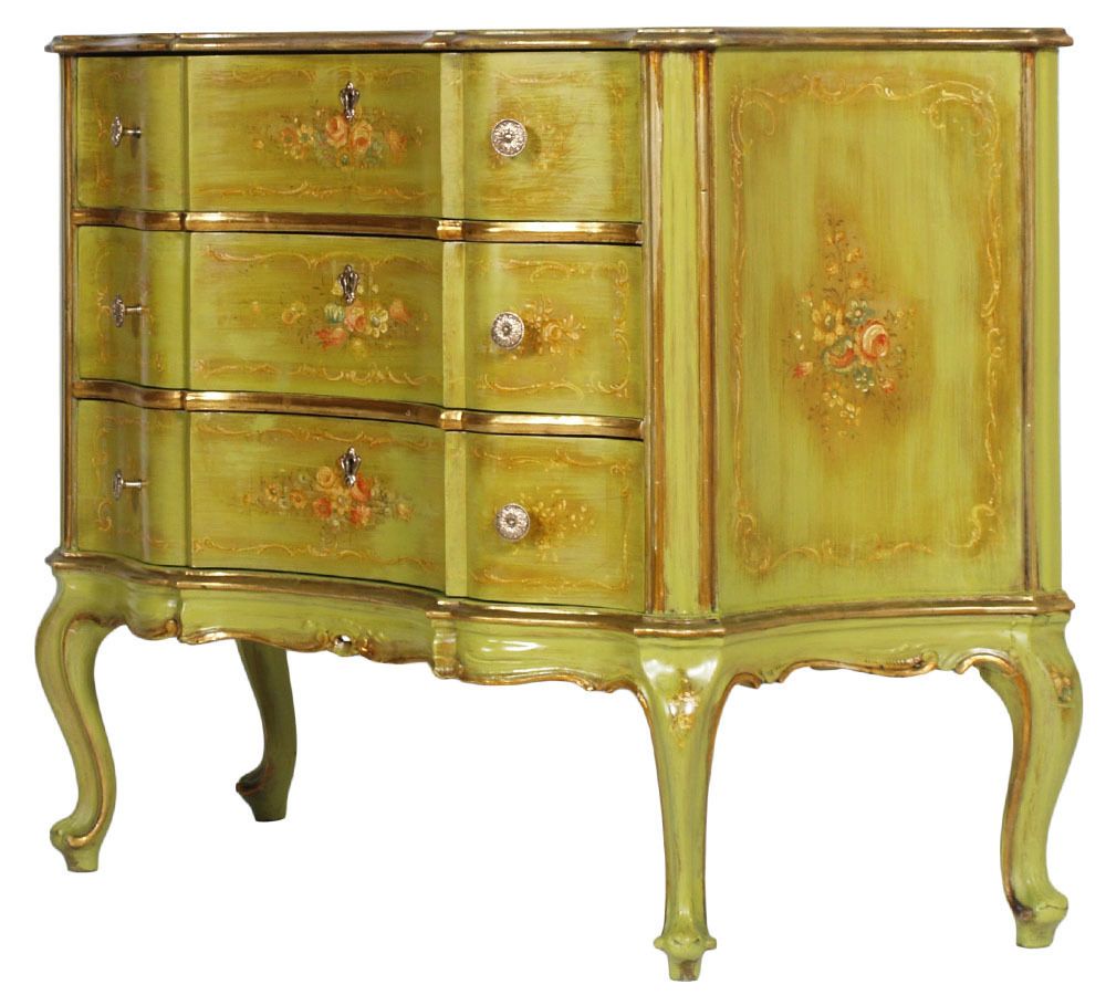 1910s, Venetian Baroque Commode, Chest Of Drawers, Hand Painted, Edges Gold Leaf