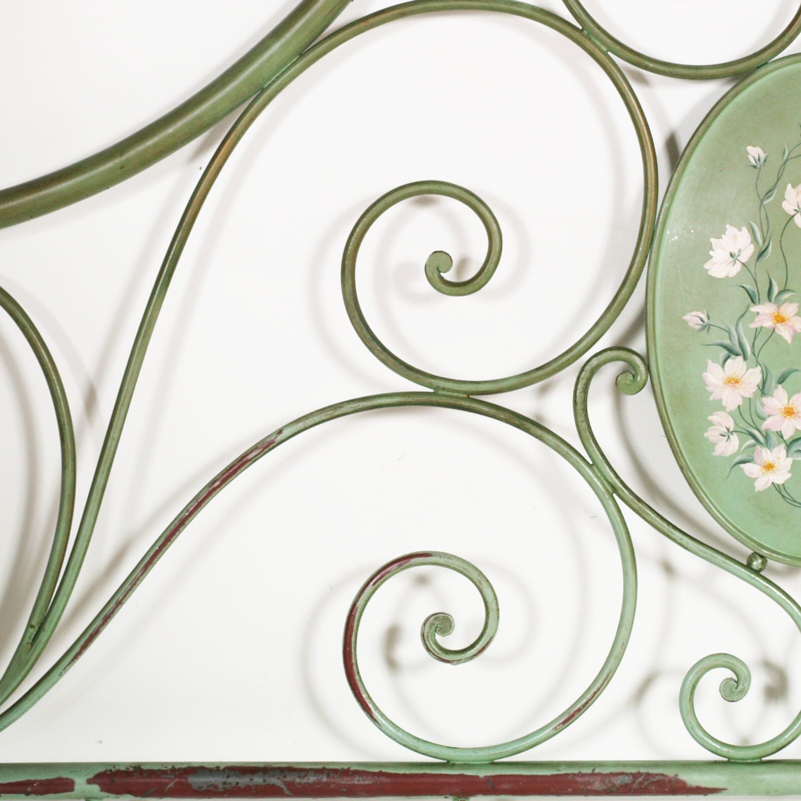 Italian Double Bed Painted Antiqued Green And Hand Decorated Iron, Golden Parts photo 4216.0