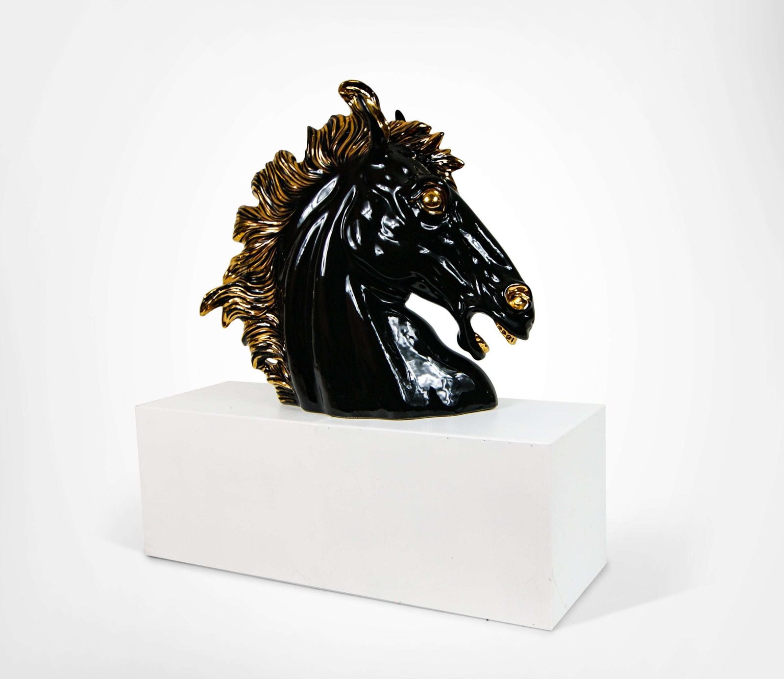 Italian Ceramic Horse Head Sculpture Gold And Black 1990s photo Art
