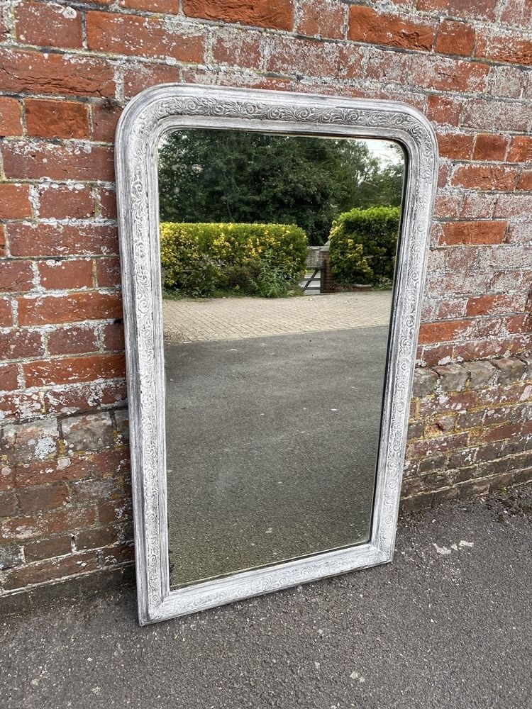 A Superb Antique French 19th Century Carved Wood & Gesso Arched Top Painted Mirror