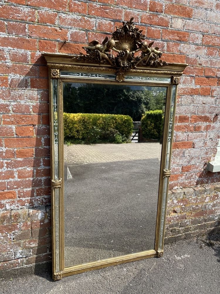 A Spectacular Large Antique French 19th Century Carved Wood & Gesso Original Gilt Etched Mirrored Framed Mirror