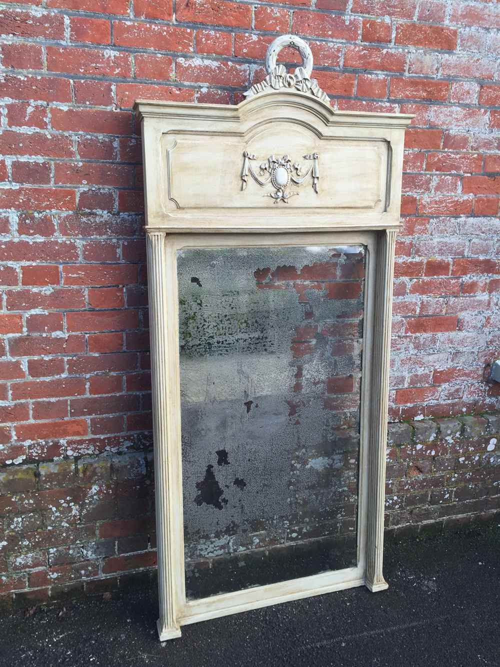 A Large Antique 19th Century French Carved Wood Painted Mirror
