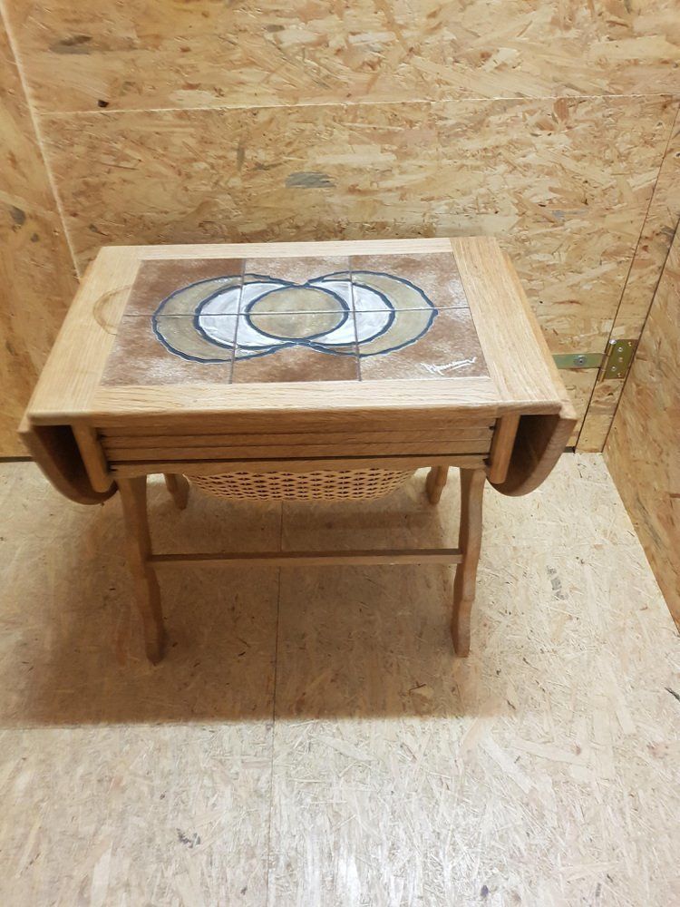 Mid Century Sewing Table With Tiles In The Style Of H. Wegner