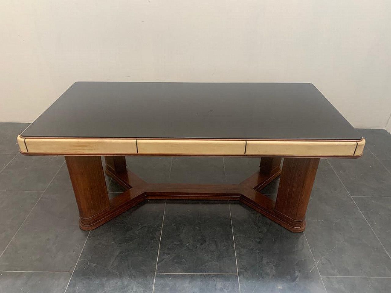 Art Deco Table In Rosewood And Parchment With Black Glass Top, 1930s photo furniture