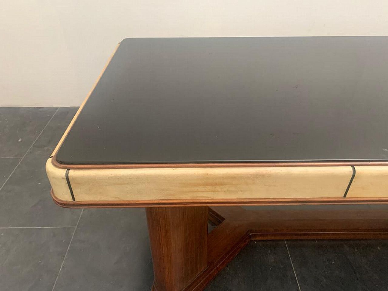 Art Deco Table In Rosewood And Parchment With Black Glass Top, 1930s photo 5616.0