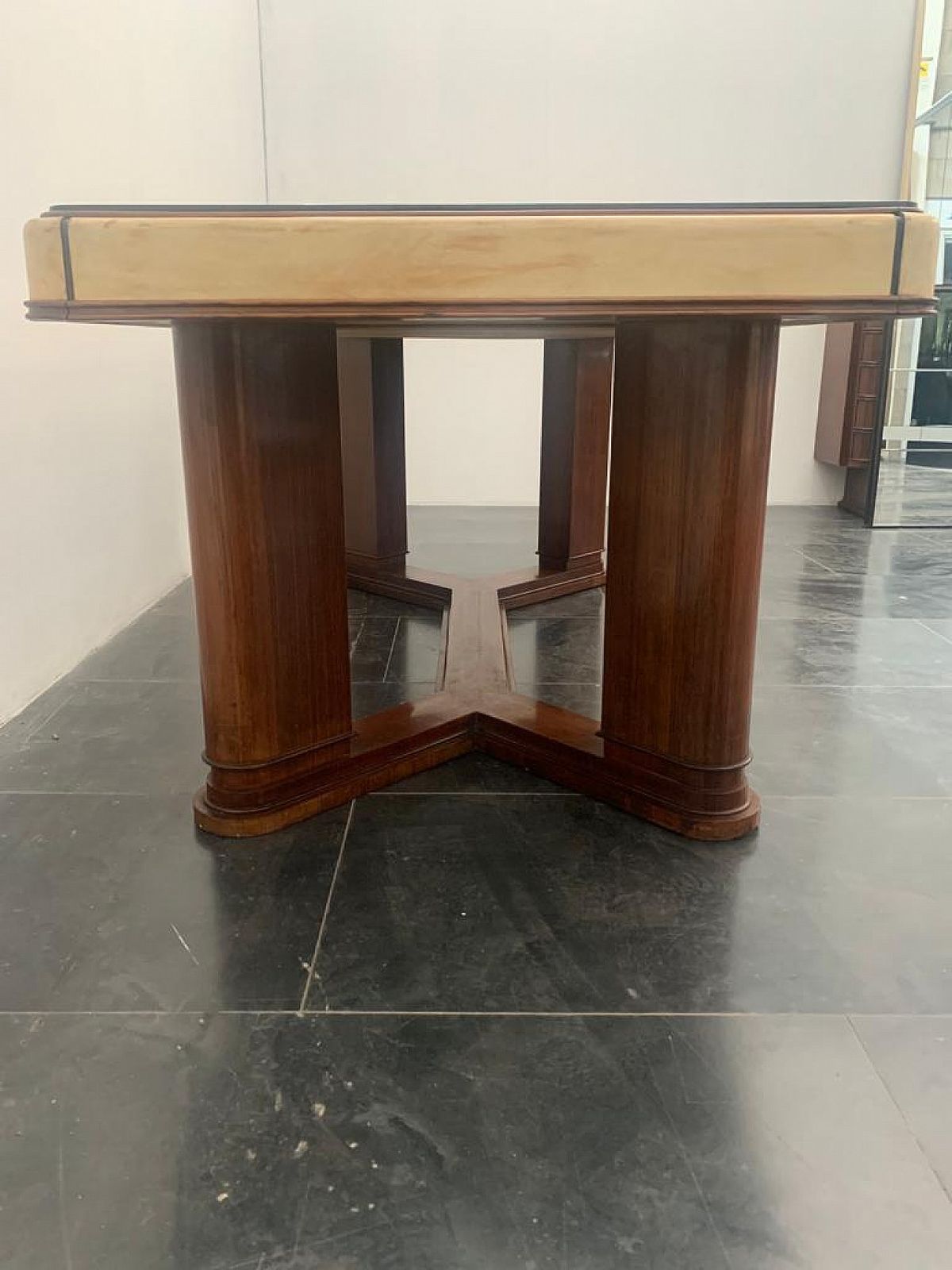 photo furniture Art Deco Table In Rosewood And Parchment With Black Glass Top, 1930s