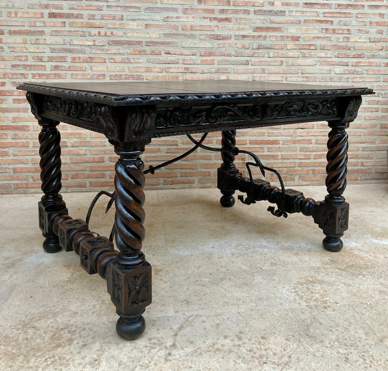 Spanish Baroque Table With Dark Walnut Solomonic Legs With Carved Structure And Iron Stretcher photo for sale