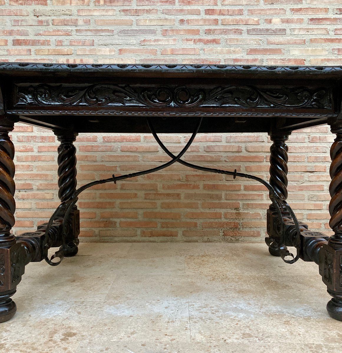 Spanish Baroque Table With Dark Walnut Solomonic Legs With Carved Structure And Iron Stretcher photo 5116.0