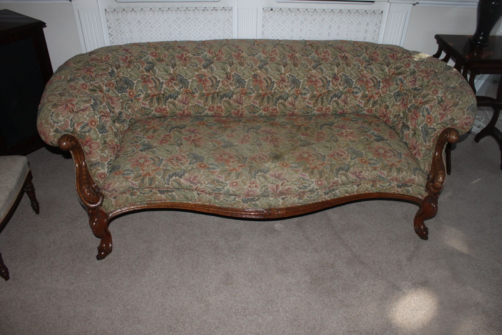 A Wonderful And Rare Antique Victorian Original Carved Walnut Chesterfield Sofa.