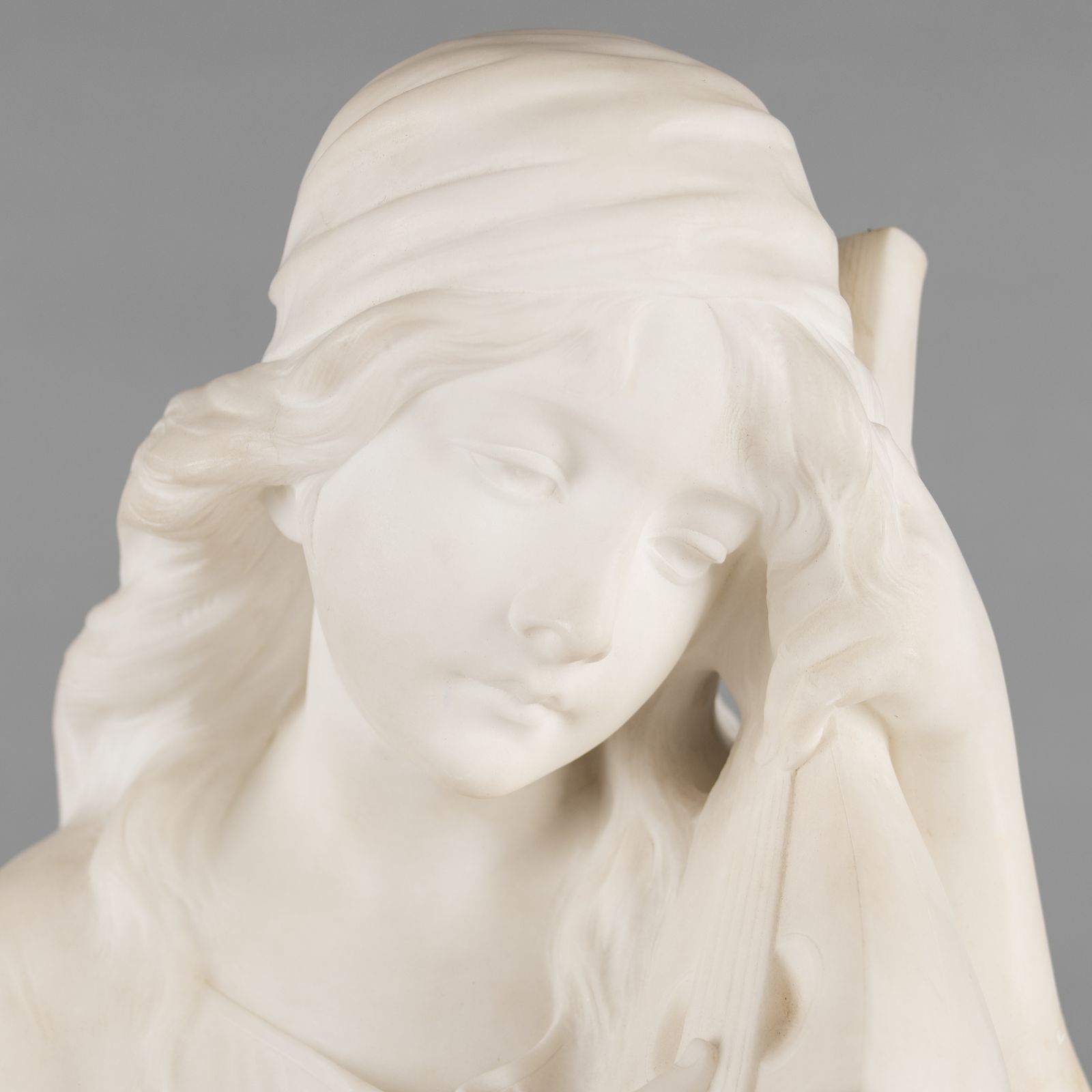 A Large French Carved Alabaster Sculpture Of A Female Playing A Lyre. Titled Mignon Signed R.Lusili photo 3540.0