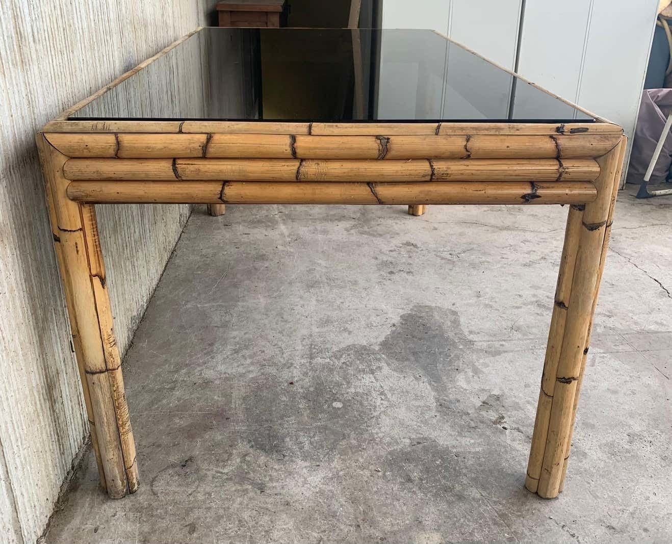 Table à manger en bambou et verre fumé, Espagne, années 1980 photo buy